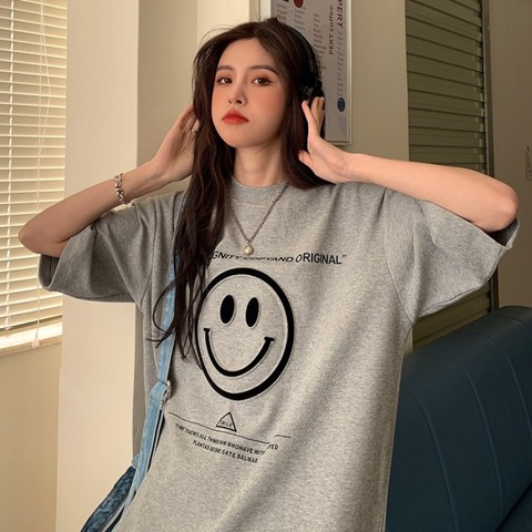 Spring and autumn Korean 2022 new loose medium and long lovers' letter printed lower garment missing short sleeve t-shirt female