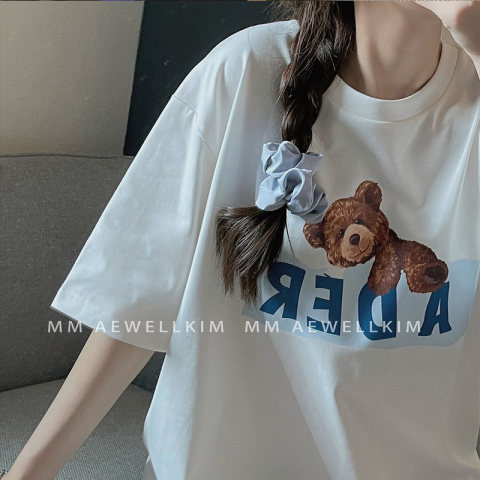 Korean version of bear letters short-sleeved t-shirt women  new trendy brand ins summer loose casual all-match foreign style top