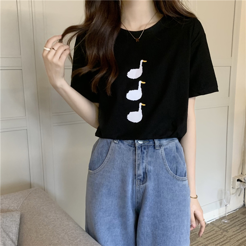 6535 pull frame cotton design sense of minority top women's new Korean loose thin cartoon short sleeved T-shirt bottomed shirt