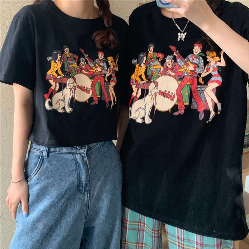 Hong Kong Style relaxed lovers cartoon printed short sleeve T-shirt new round neck for women