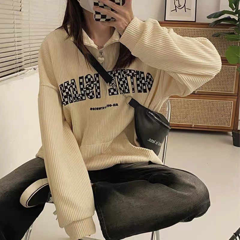 American Polo shirt, corduroy sweatshirt for women, Korean style loose design, niche lazy style retro jacket, spring and autumn