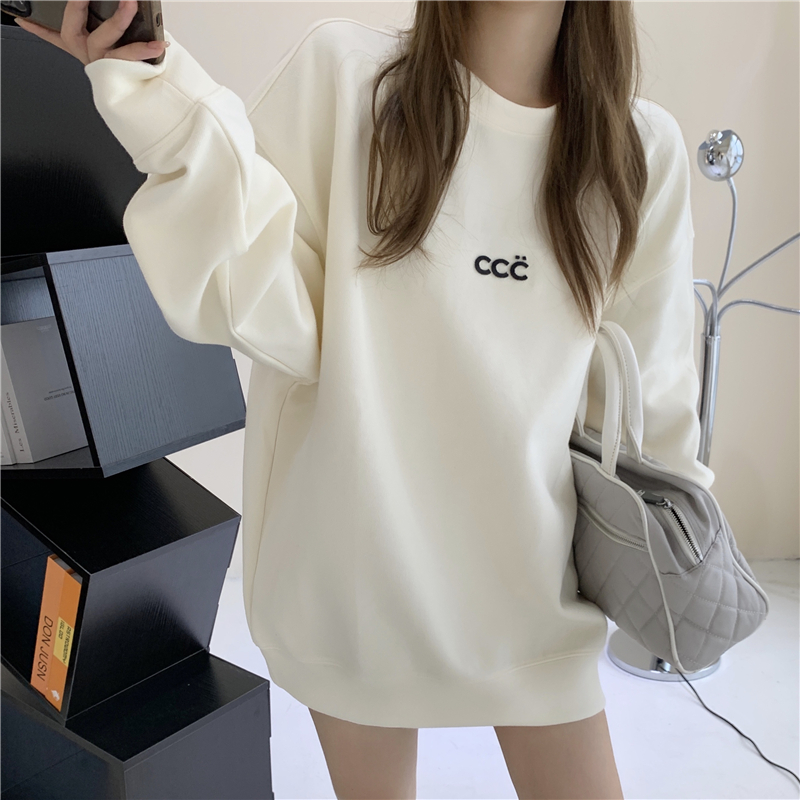 Plush thickened lazy style sweater female letter printing loose medium long round neck long sleeve student top fashion