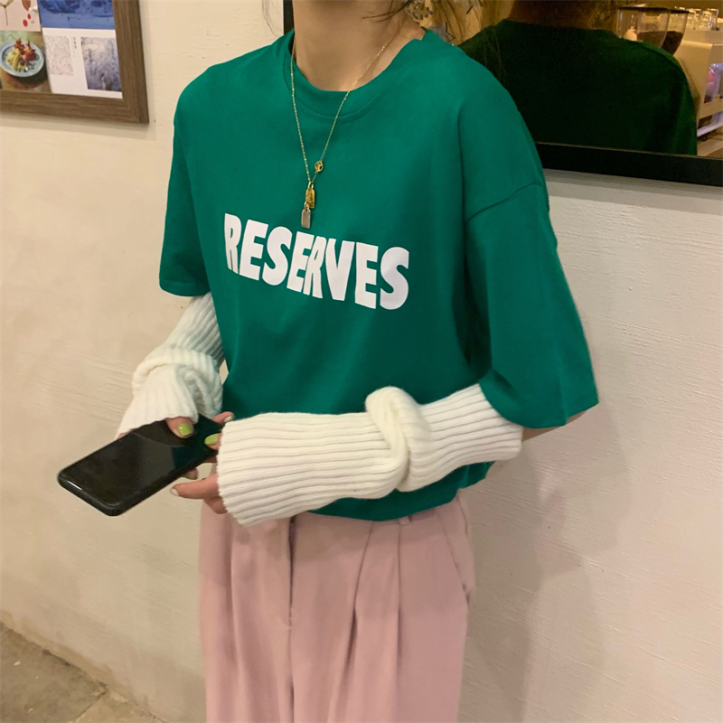 Short sleeved T-shirt women's Korean version new loose medium length green basic versatile round neck top