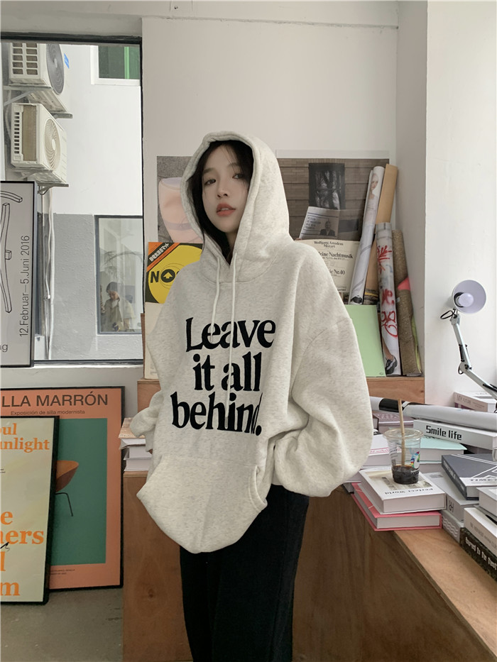 Plush and thickening Lazy wind loose all-match hooded sweater women's autumn slim casual letter printing top