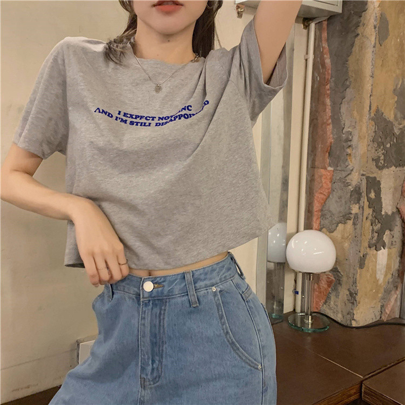 Korean version new loose short, careful machine exposed navel letter printing super fire short sleeve T-shirt