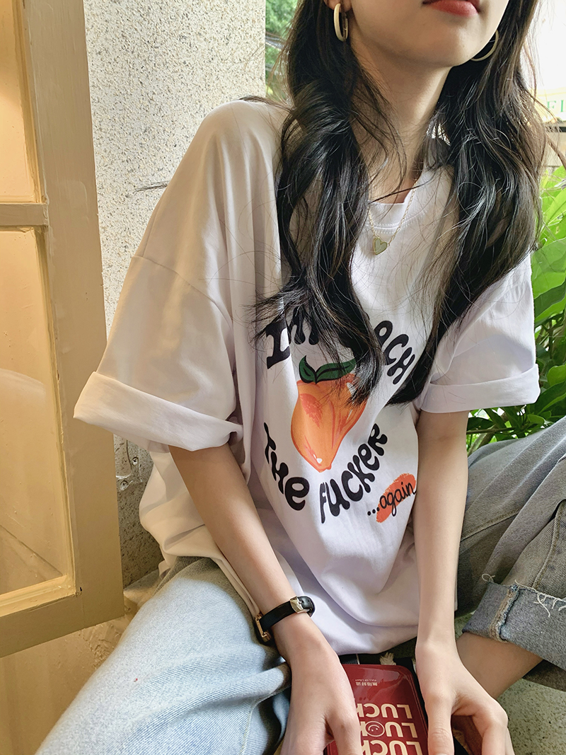 Sweet peach print short sleeve top women's loose summer thin medium long T-shirt trend