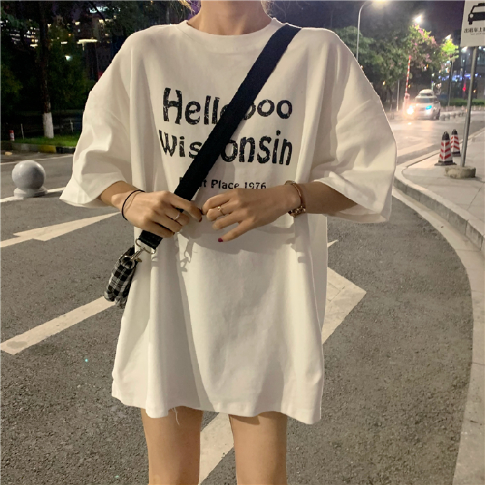 Summer Korean new loose middle long small letter short sleeve T-shirt girl student top