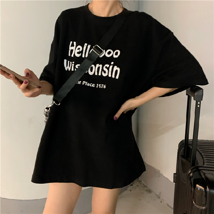Summer Korean new loose middle long small letter short sleeve T-shirt girl student top