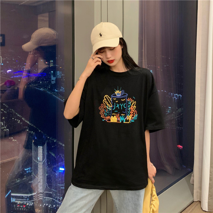 Summer Korean new loose middle long children's graffiti girl short sleeve T-shirt top female student