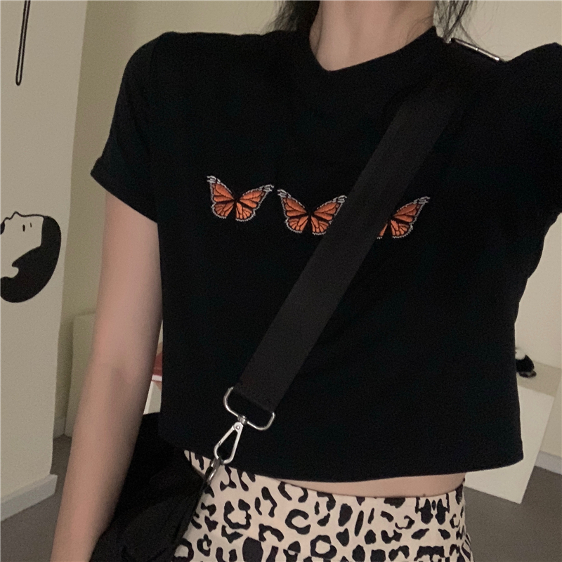 Printed net red butterfly short T-shirt bottom shirt women's summer Korean round neck short sleeve top