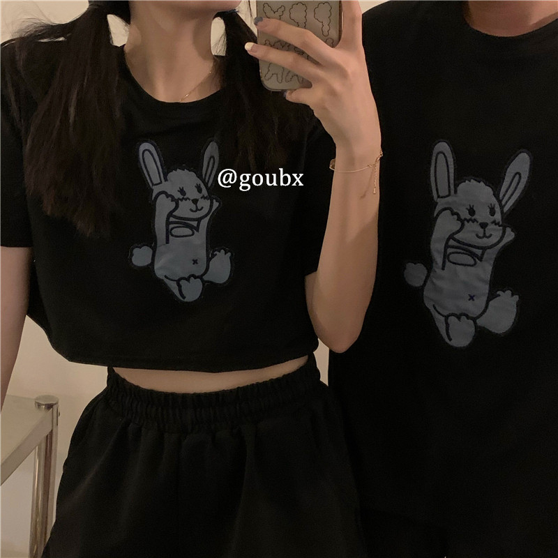 2021 new summer black short open navel rabbit top women loose Korean lovers short sleeve T-shirt fashion