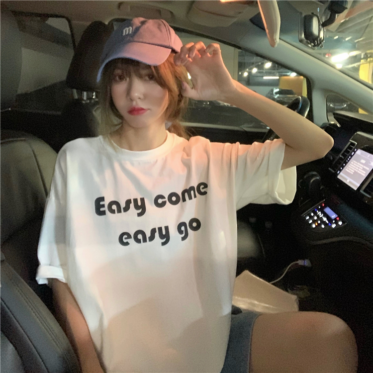 Korean new loose medium and long letter print lower garment missing large short sleeve t-shirt female