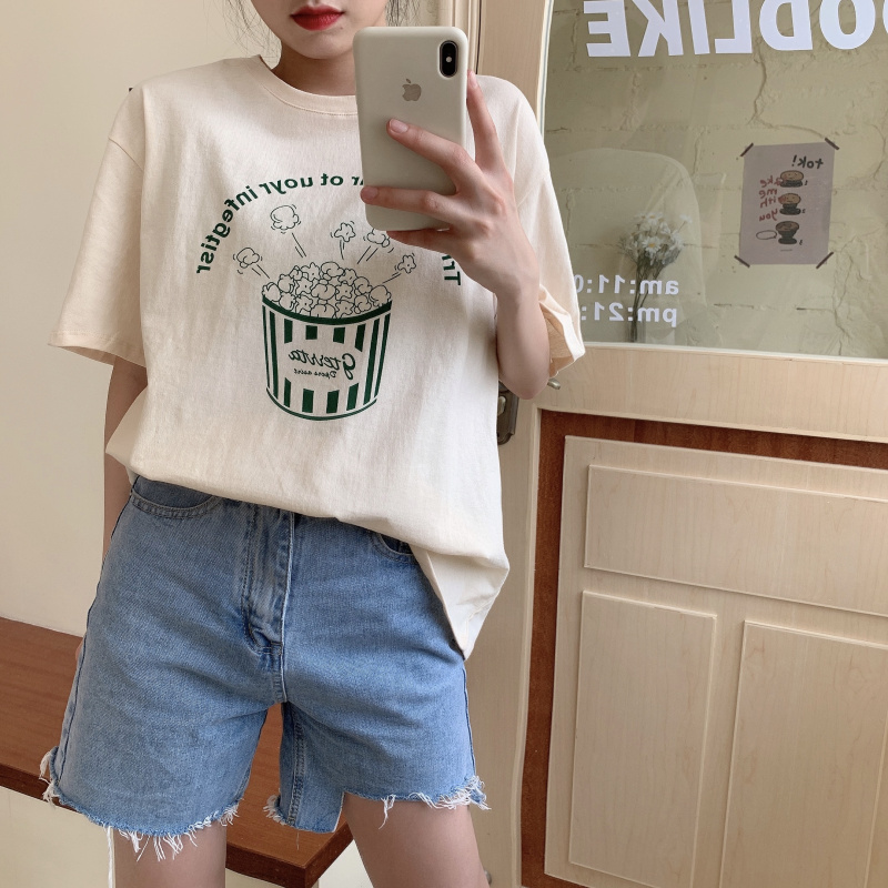 6535 pull frame cotton new loose casual top ins fashion schoolgirl short sleeve Vintage T-shirt apricot bottomed shirt