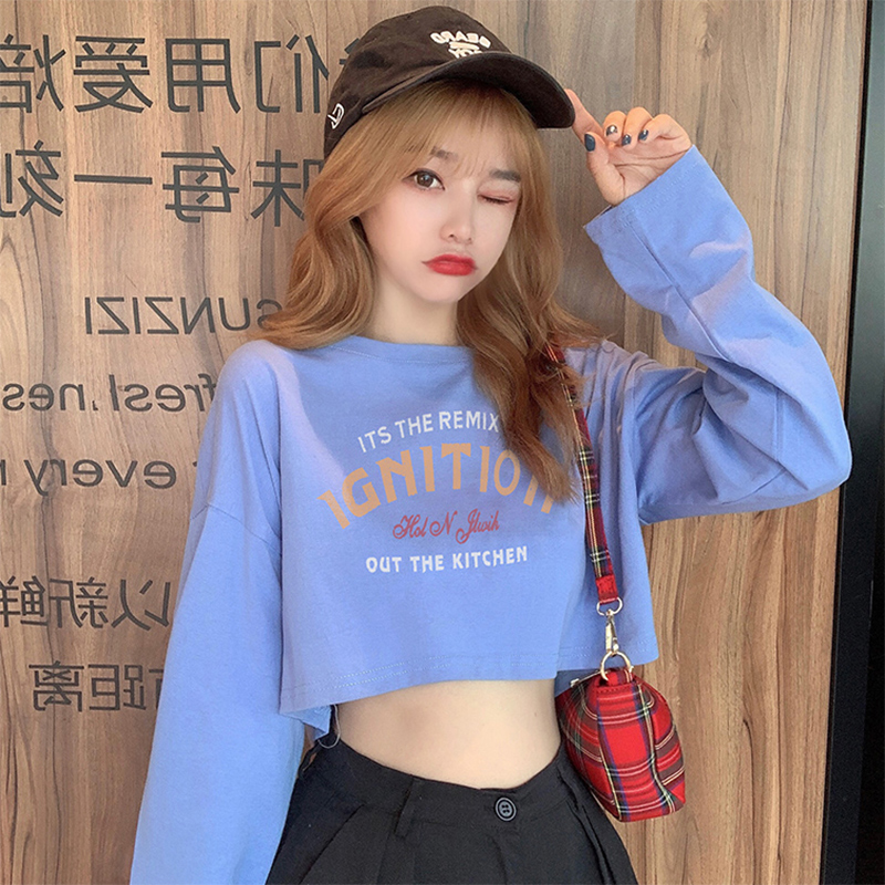 Short long sleeve T-shirt women's loose Korean style ins fashion exposed navel thin high waist early autumn top