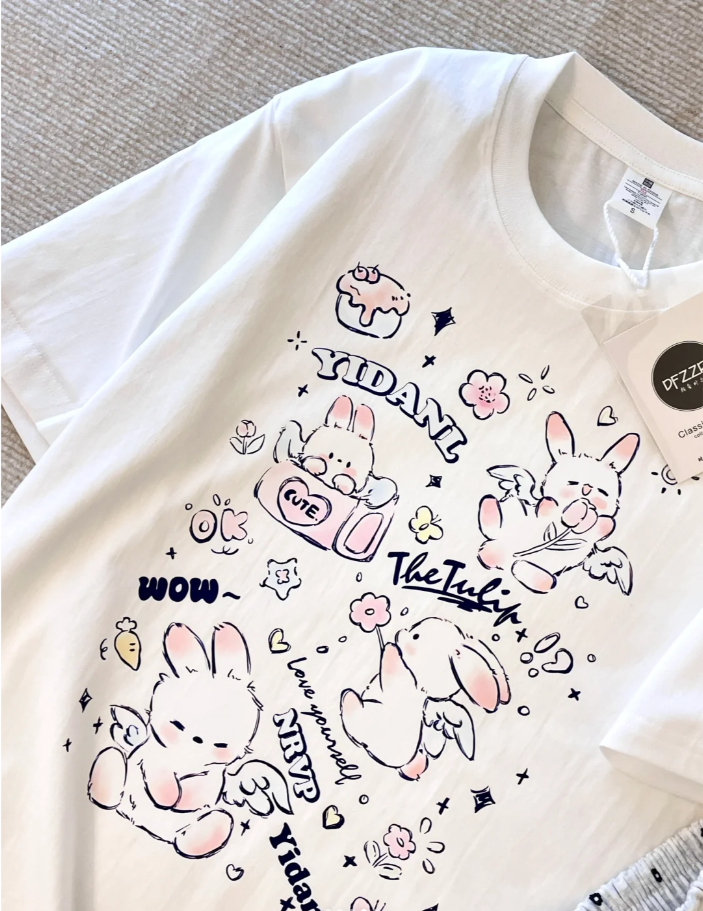 [Tmall/Recommended] Heavy cotton, precision combed, rabbit wings printed short-sleeved T-shirt for men and women in summer