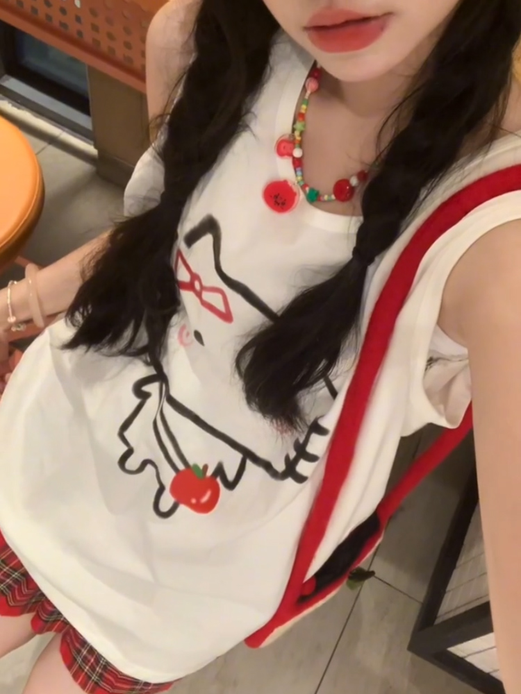 [Tmall/Recommended] Heavyweight pure cotton, precision combed, Hello Kitty tomato printed T-shirt, vest and waistcoat for women