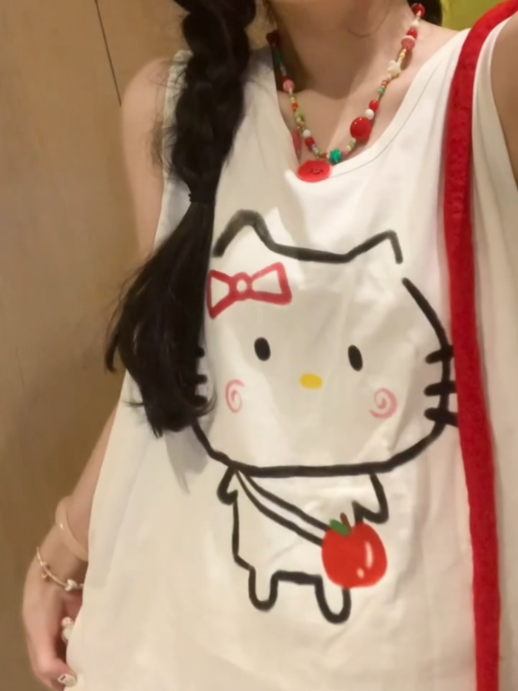 [Tmall/Recommended] Heavyweight pure cotton, precision combed, Hello Kitty tomato printed T-shirt, vest and waistcoat for women