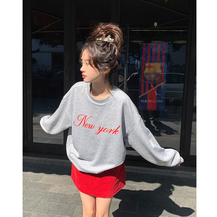 [Tmall/Quality/Thin Style] Heavy Chinese Cotton/Silver Fox Velvet New York Red Letter Print Sweatshirt for Women