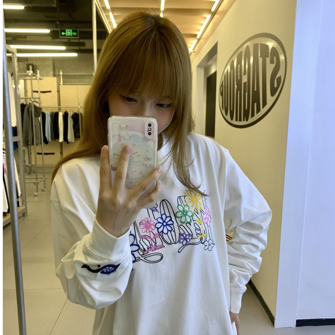 [Tmall/Recommended] Heavyweight pure cotton, tightly combed, rainbow floral letter printed long-sleeved T-shirt for women summer