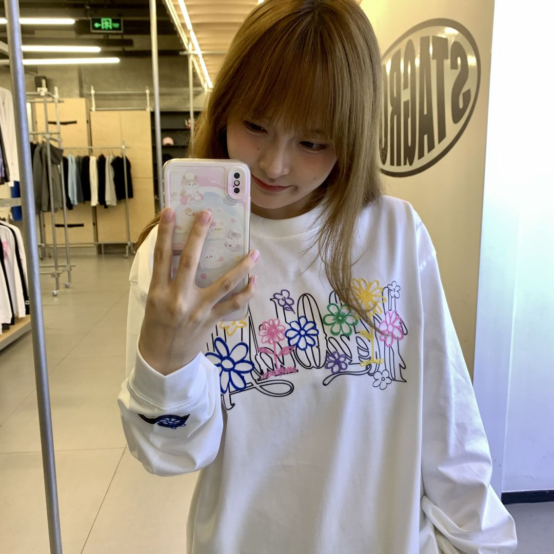 [Tmall/Recommended] Heavyweight pure cotton, tightly combed, rainbow floral letter printed long-sleeved T-shirt for women summer