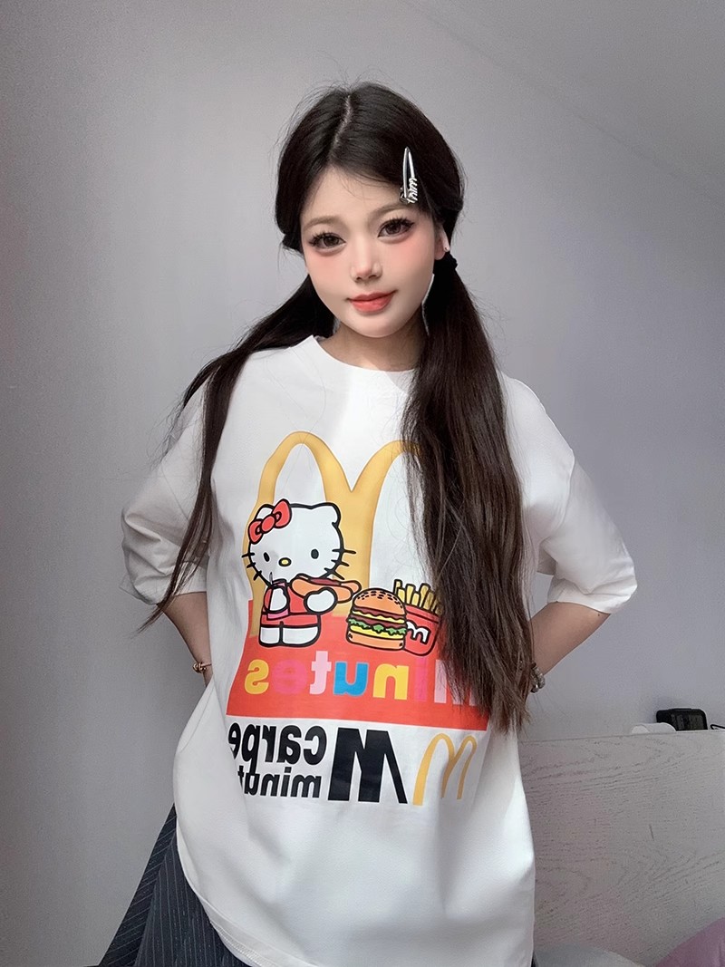 [Tmall/Quality] Closely combed heavy cotton Hello Kitty McDonald's printed short-sleeved T-shirt for women summer