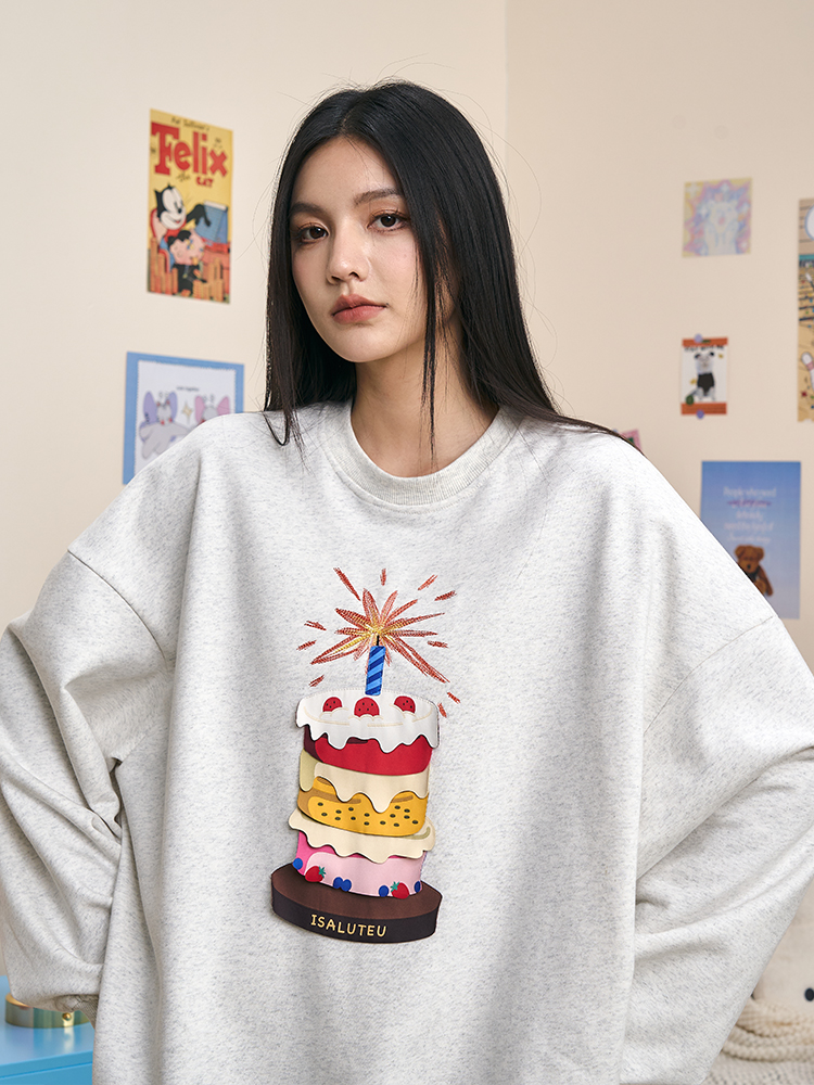 [Tmall/Quality/Thin Style] Heavy Chinese Cotton/Silver Fox Velvet Birthday Cake Printed Round Neck Sweatshirt for Men and Women