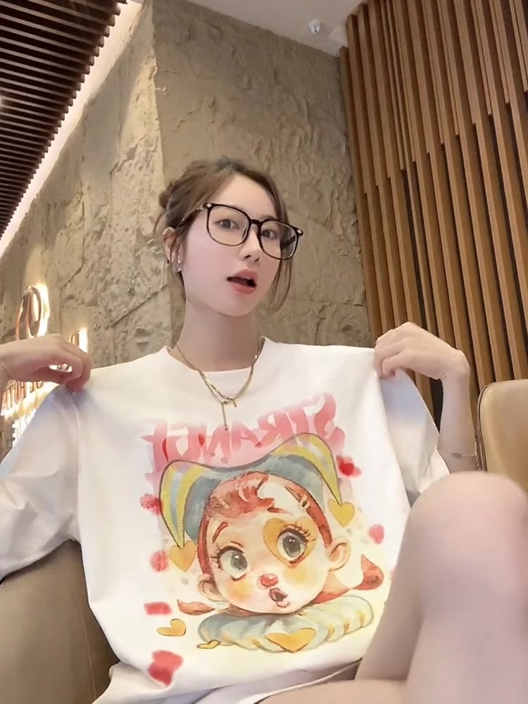 [Tmall/Quality] Combed tightly, heavy cotton, cute clown print, short-sleeved T-shirt for women, trendy