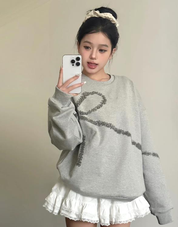 [Tmall/Quality/Thin Style] Heavy Chinese Cotton/Silver Fox Velvet Bow Big Print Round Neck Sweater Women’s Fashion