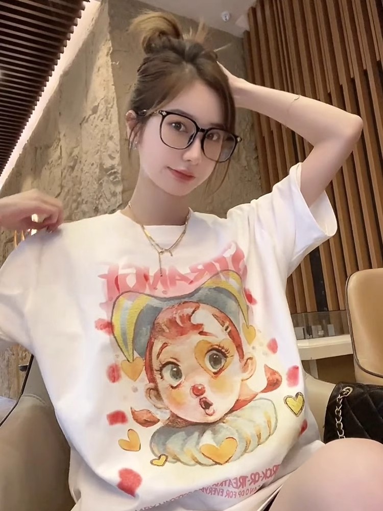 [Tmall/Quality] Combed tightly, heavy cotton, cute clown print, short-sleeved T-shirt for women, trendy