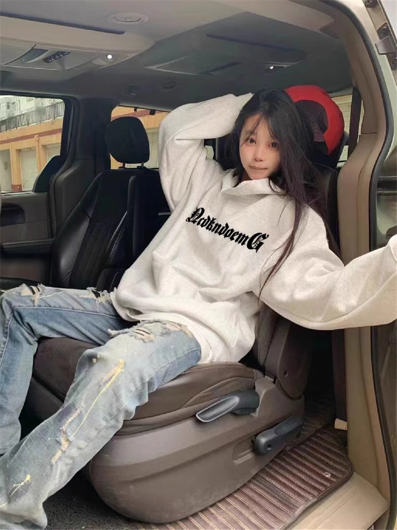 [Tmall/Quality/Thin Style] Heavy Chinese Cotton/Silver Fox Velvet Spider Letter Print Retro Sweatshirt for Men and Women