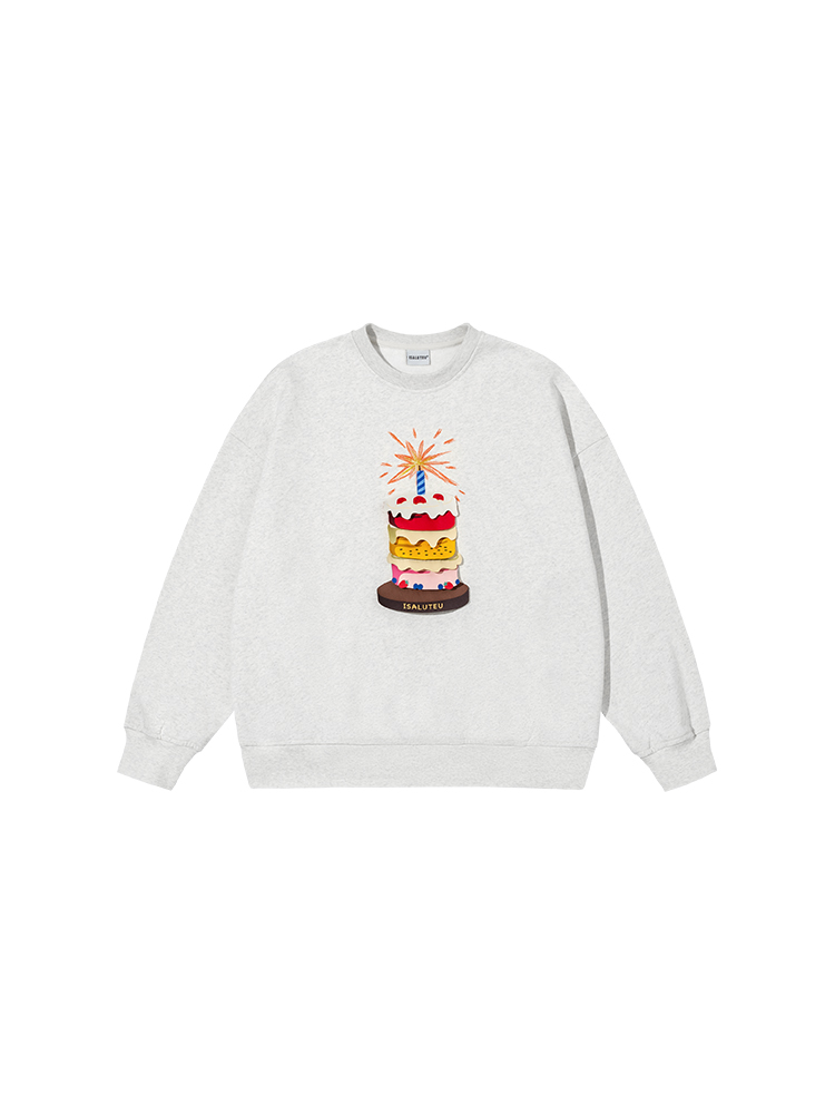 [Tmall/Quality/Thin Style] Heavy Chinese Cotton/Silver Fox Velvet Birthday Cake Printed Round Neck Sweatshirt for Men and Women