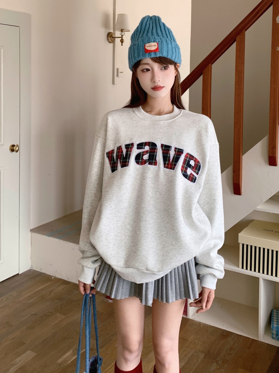 [Tmall/Quality/Thin Style] Heavy Chinese Cotton/Silver Fox Velvet wave letter print round neck sweatshirt for men and women