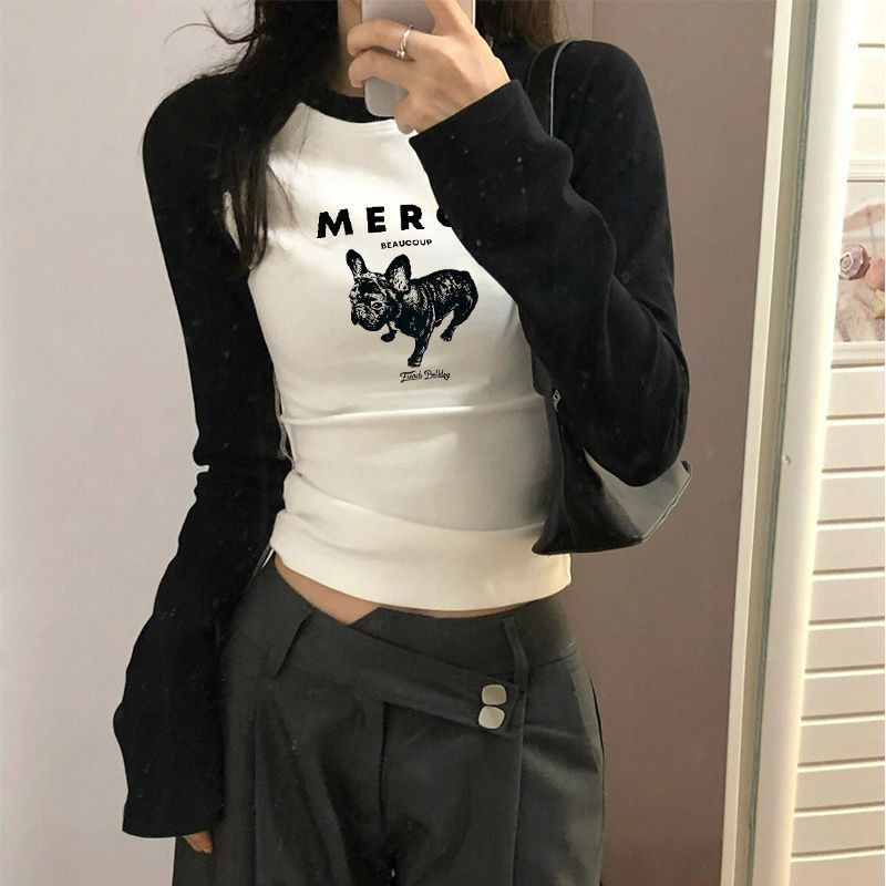 】Threaded polyester】(Free on all platforms) Polyester American long-sleeved T-shirt autumn and winter printed tops for women ins trend