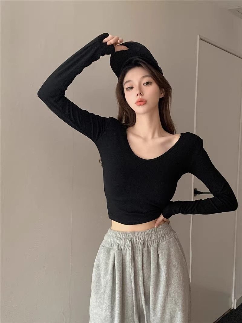 W523] (Free version on all platforms) Threaded Thin Style] Spring and Autumn Thin T-shirt Sexy Slim Long Sleeve Top for Women