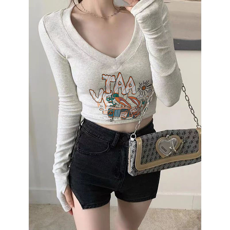 Odell 92 cotton 8 spandex autumn and winter Korean style V-neck long-sleeved bottoming T-shirt fashionable design printed short top