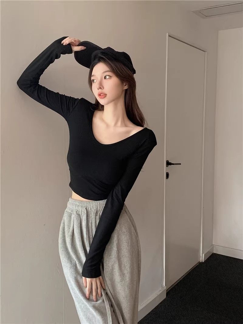 W523] (Free version on all platforms) Threaded Thin Style] Spring and Autumn Thin T-shirt Sexy Slim Long Sleeve Top for Women