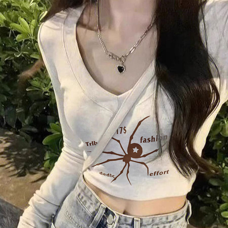 Odell 92 cotton 8 spandex autumn and winter Korean style V-neck long-sleeved bottoming T-shirt fashionable design printed short top