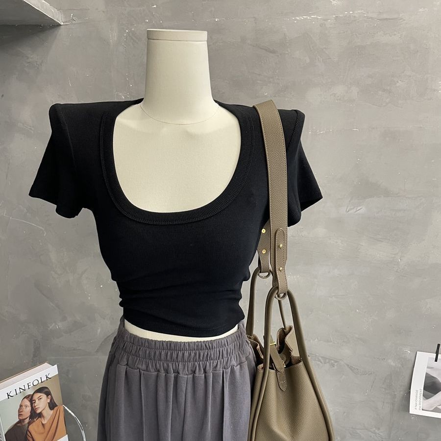 】【No replacement】Threaded polyester】Large U-neck short-sleeved T-shirt for women, new summer style slim-fitting top