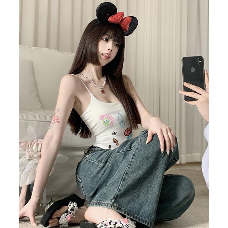 】Threaded polyester】With chest pads】Sexy American pure lust suspenders slimming new t-shirt women's tops