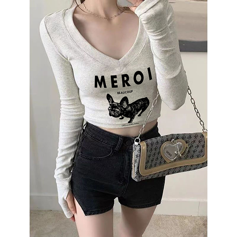 Odell 92 cotton 8 spandex autumn and winter Korean style V-neck long-sleeved bottoming T-shirt fashionable design printed short top