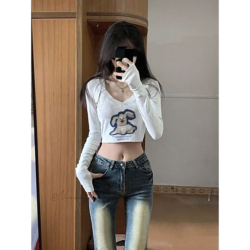 Odell 92 cotton 8 spandex autumn and winter Korean style V-neck long-sleeved bottoming T-shirt fashionable design printed short top