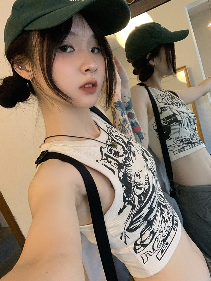 】Threaded polyester】(Free on all platforms) Summer hot girl cartoon print sleeveless suspender T-shirt for women