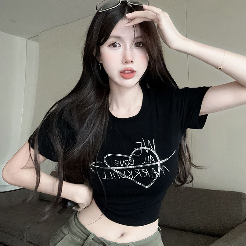 】Modal rayon summer fashion short-sleeved new hot diamond printed top hot girl slim slim T-shirt for women