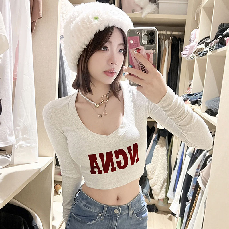 Odell 92 cotton 8 spandex autumn and winter Korean style V-neck long-sleeved bottoming T-shirt fashionable design printed short top