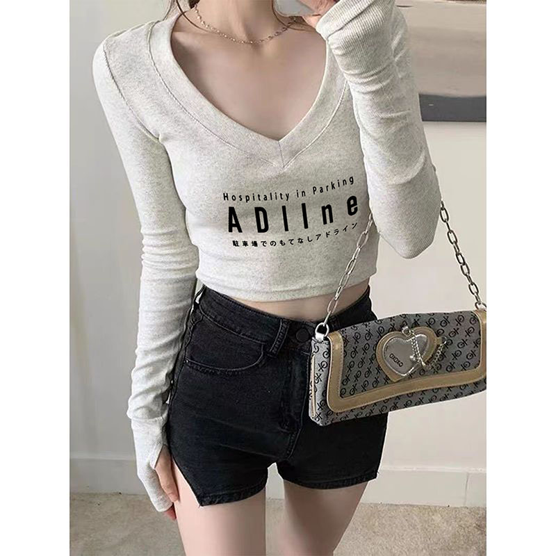 Odell 92 cotton 8 spandex autumn and winter Korean style V-neck long-sleeved bottoming T-shirt fashionable design printed short top