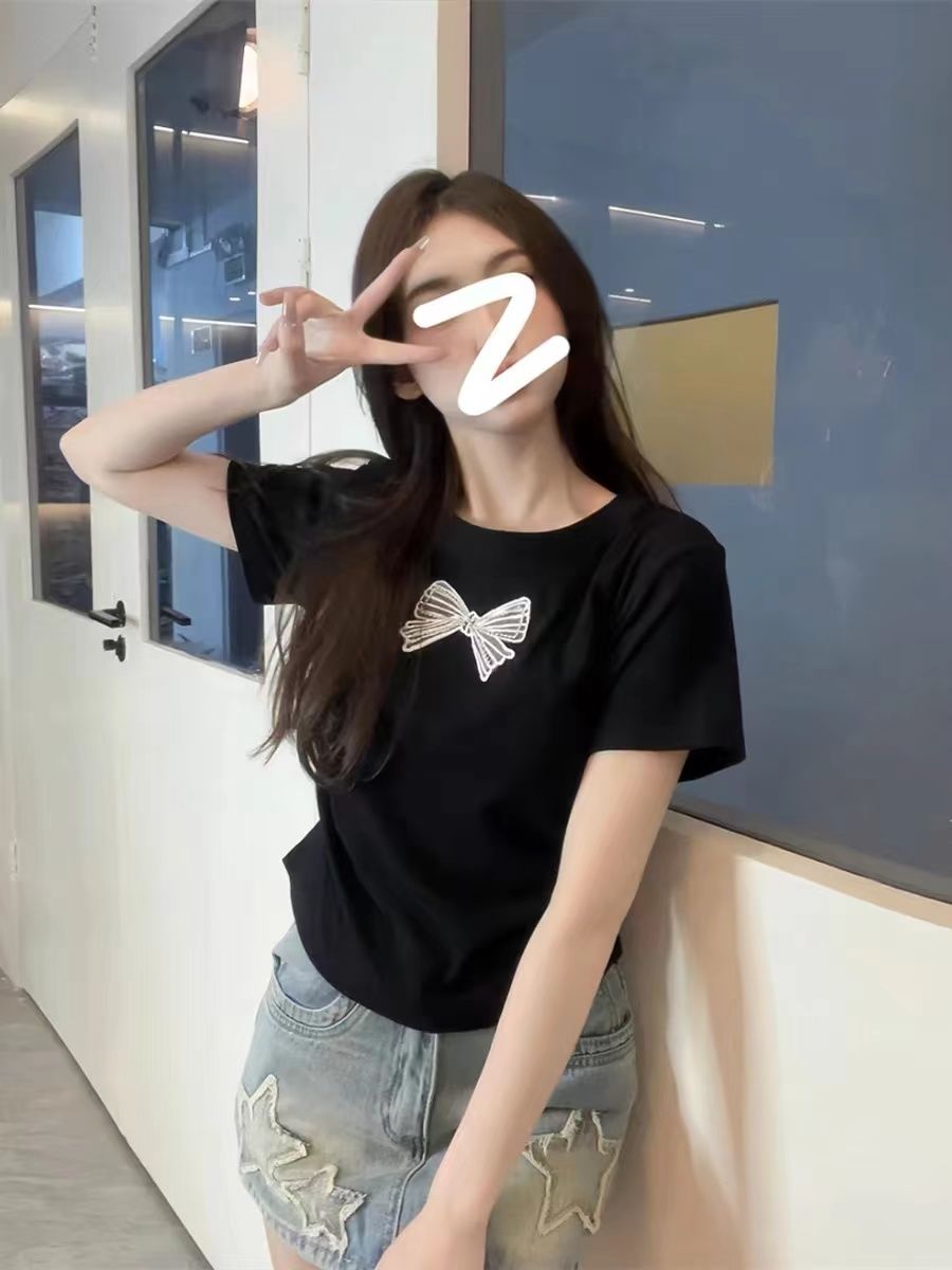 】Threaded polyester】Korean style fashionable new casual wear pure lust style short-sleeved women's tops versatile T-shirts