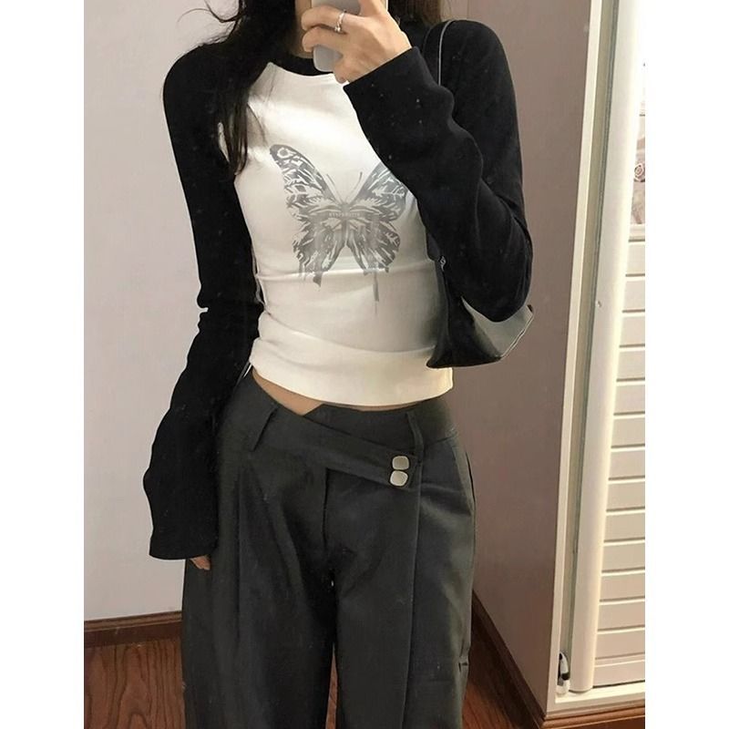 】Threaded polyester】(Free on all platforms) French stitching contrasting butterfly print long-sleeved T-shirt for women