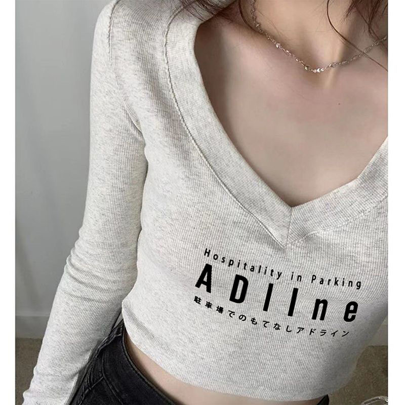 Odell 92 cotton 8 spandex autumn and winter Korean style V-neck long-sleeved bottoming T-shirt fashionable design printed short top