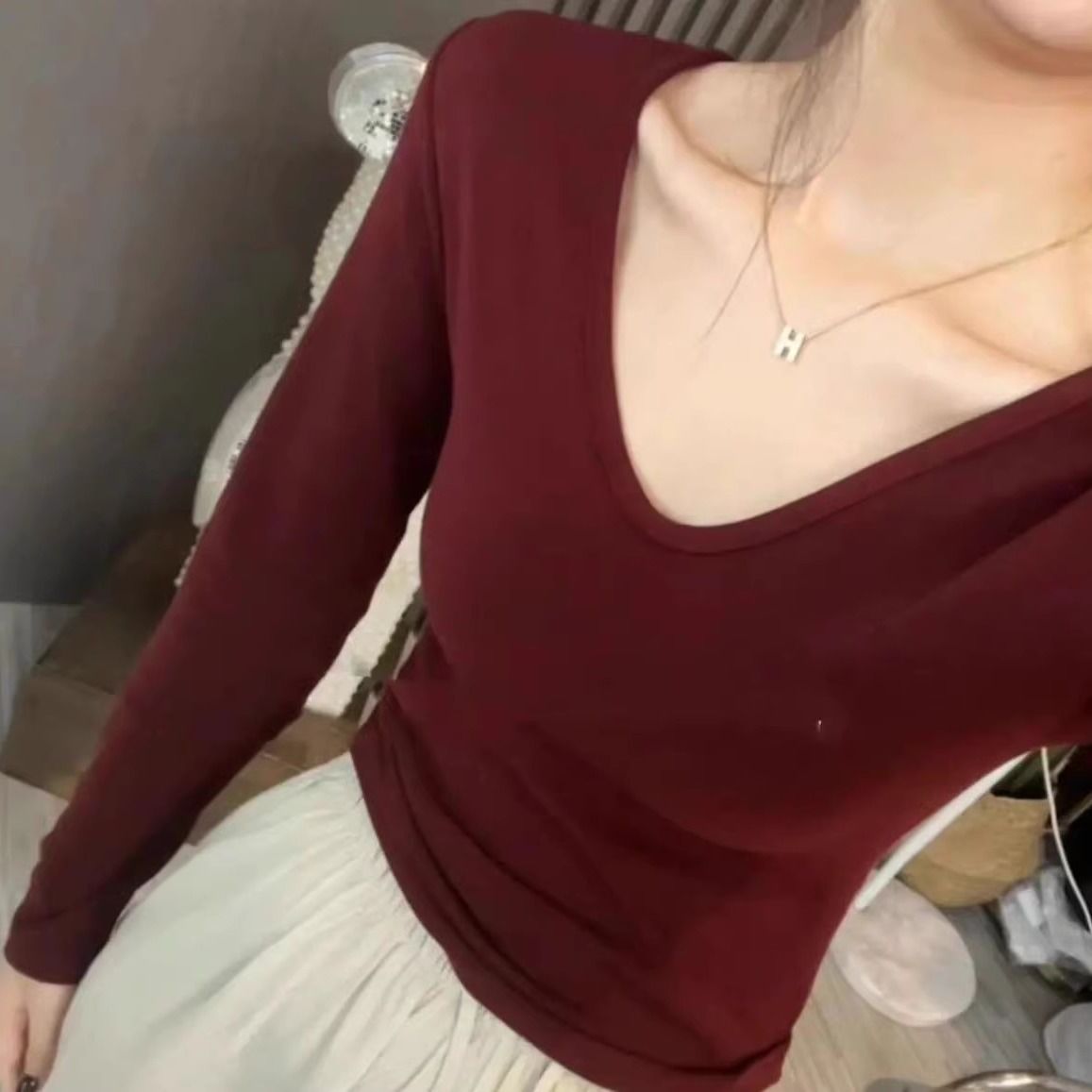 W523] (Free version on all platforms) Threaded Thin Style] Spring and Autumn Thin T-shirt Sexy Slim Long Sleeve Top for Women