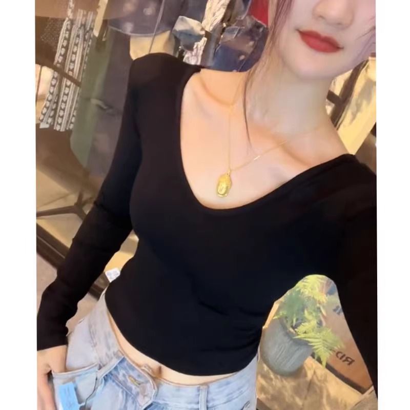 W523] (Free version on all platforms) Threaded Thin Style] Spring and Autumn Thin T-shirt Sexy Slim Long Sleeve Top for Women